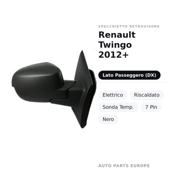 Außenspiegel Rechts Renault Twingo 2012+ – Elektrisch, Beheizt, Temperatursensor, 7-polig, Schwarz – Bild 2