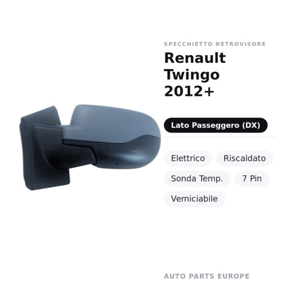 Außenspiegel Rechts Renault Twingo 2012+ – Elektrisch, Beheizt, Temperatursensor, 7-polig, Lackierbar – Bild 2