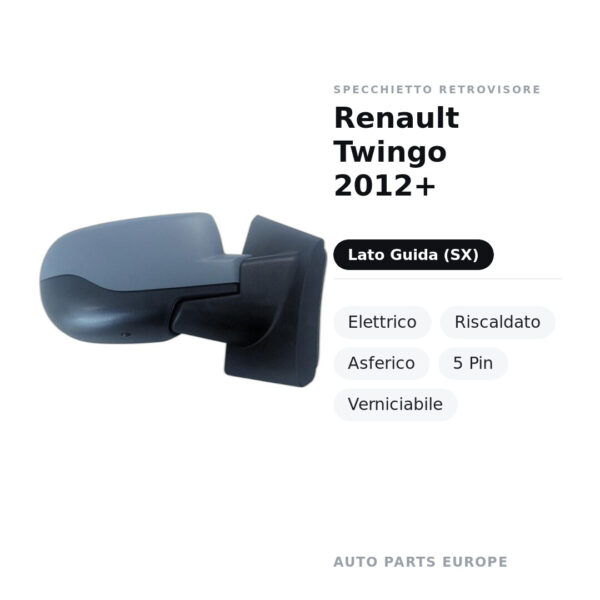 Specchietto Retrovisore Sinistro Renault Twingo 2012+ – Elettrico, Riscaldato, Asferico, 5 Pin, Verniciabile – foto 2