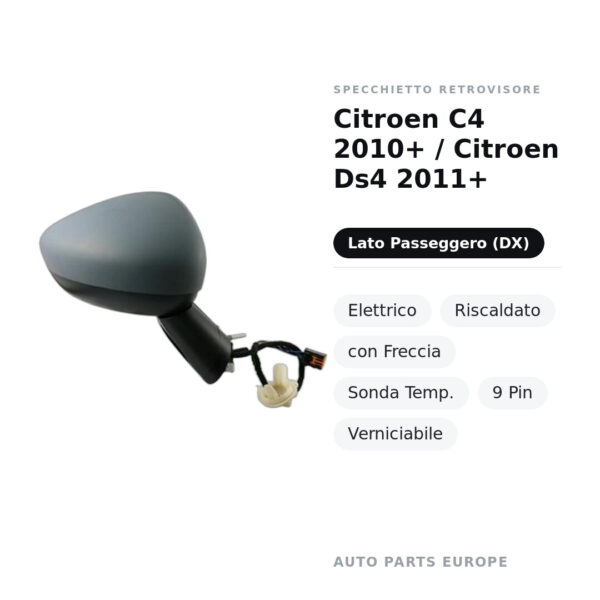 Außenspiegel Rechts Citroen C4 2010+ / Citroen Ds4 2011+ – Elektrisch, Beheizt, mit Blinker, Temperatursensor, 9-polig