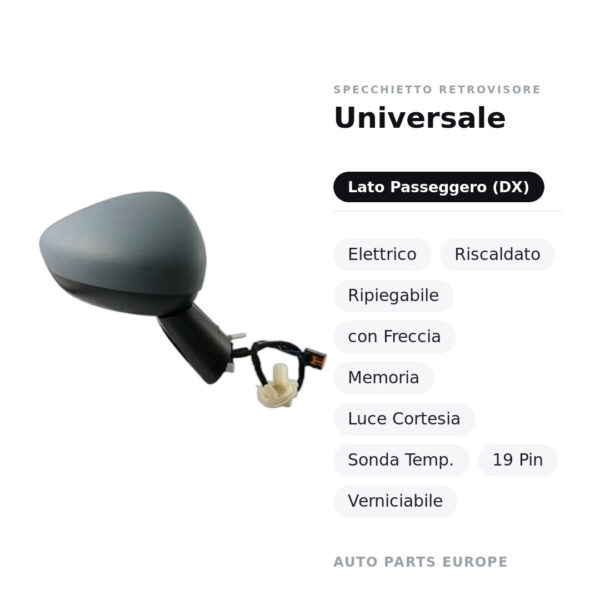 Specchietto Retrovisore Destro Universale – Elettrico, Riscaldato, Ripiegabile, con Freccia, Memoria, Luce Cortesia, Sonda