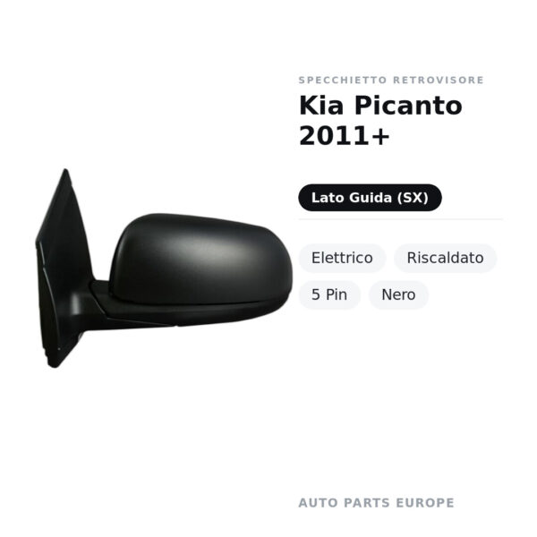 Außenspiegel Links Kia Picanto 2011+ – Elektrisch, Beheizt, 5-polig, Schwarz – Bild 2