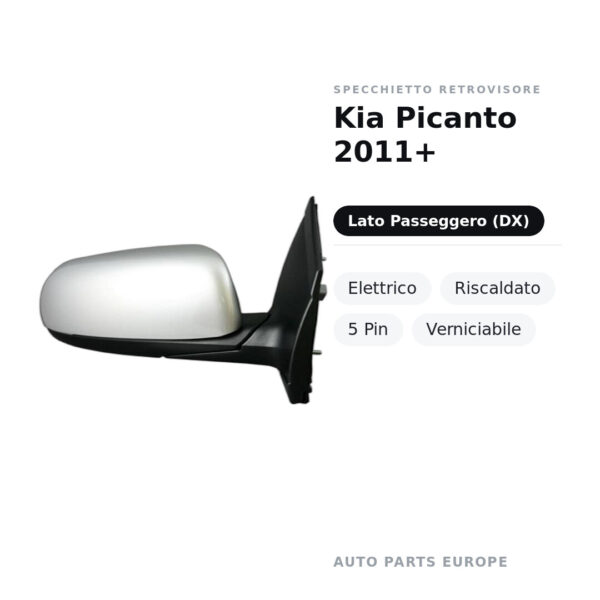Specchietto Retrovisore Destro Kia Picanto 2011+ – Elettrico, Riscaldato, 5 Pin, Verniciabile – foto 2