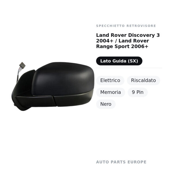 Außenspiegel Links Land Rover Discovery 3 2004+ / Land Rover Range Sport 2006+ – Elektrisch, Beheizt, Memory, 9 Pin, Schwarz