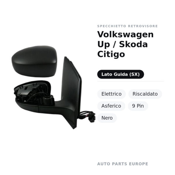 Außenspiegel Links Volkswagen Up / Skoda Citigo – Elektrisch, Beheizt, Asphärisch, 9-polig, Schwarz – Bild 2