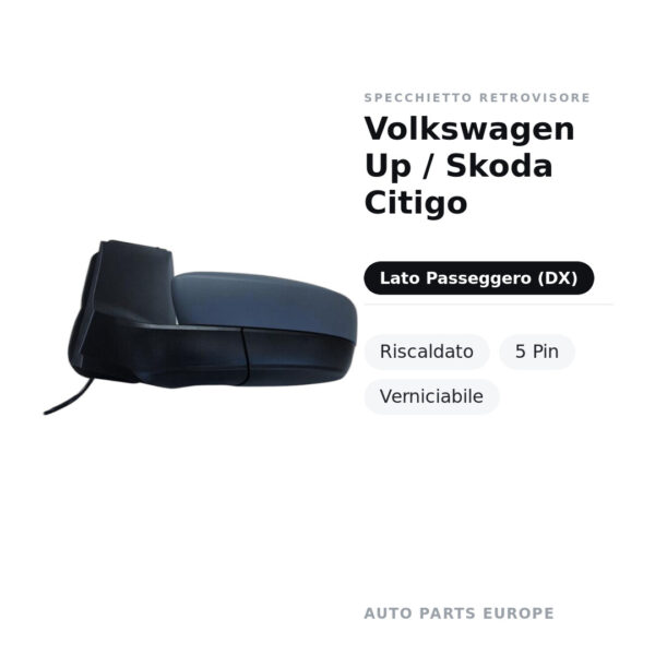 Außenspiegel Rechts Volkswagen Up / Skoda Citigo – Beheizt, 5-polig, Lackierbar – Bild 2