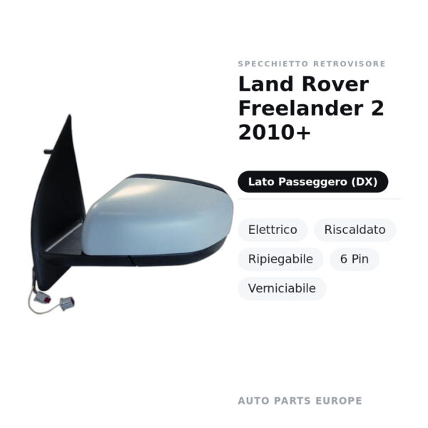 Specchietto Retrovisore Destro Land Rover Freelander 2 2010+ – Elettrico, Riscaldato, Ripiegabile, 6 Pin, Verniciabile