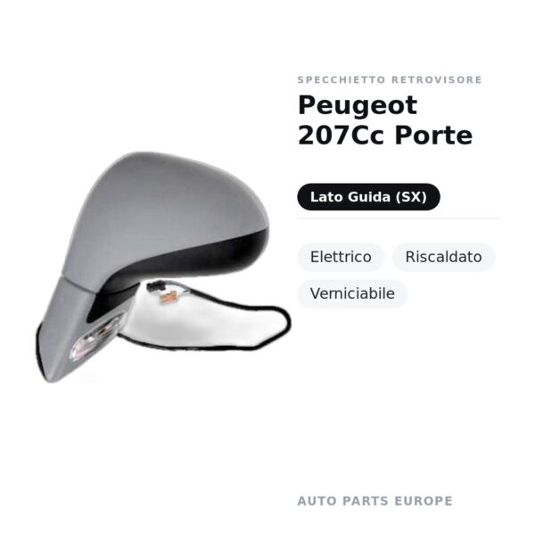 Specchietto Retrovisore Sinistro Peugeot 207Cc Porte – Elettrico, Riscaldato, Verniciabile – foto 2