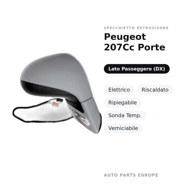 Außenspiegel Rechts Peugeot 207Cc Porte – Elektrisch, Beheizt, Klappbar, Temperatursensor, Lackierbar – Bild 2