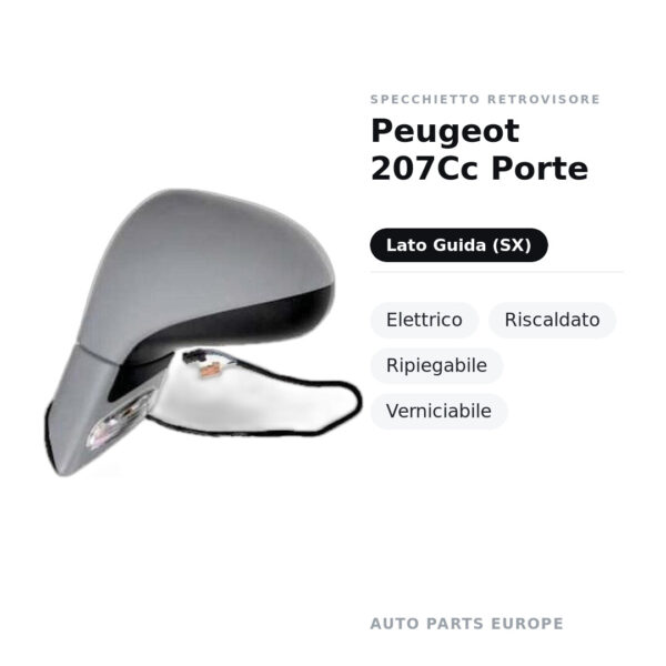 Specchietto Retrovisore Sinistro Peugeot 207Cc Porte – Elettrico, Riscaldato, Ripiegabile, Verniciabile – foto 2
