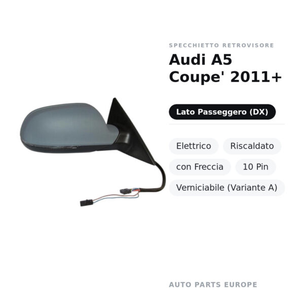 Specchietto Retrovisore Destro Audi A5 Coupe’ 2011+ – Elettrico, Riscaldato, con Freccia, 10 Pin, Verniciabile (Variante A)