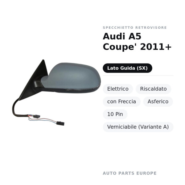 Specchietto Retrovisore Sinistro Audi A5 Coupe’ 2011+ – Elettrico, Riscaldato, con Freccia, Asferico, 10 Pin, Verniciabile