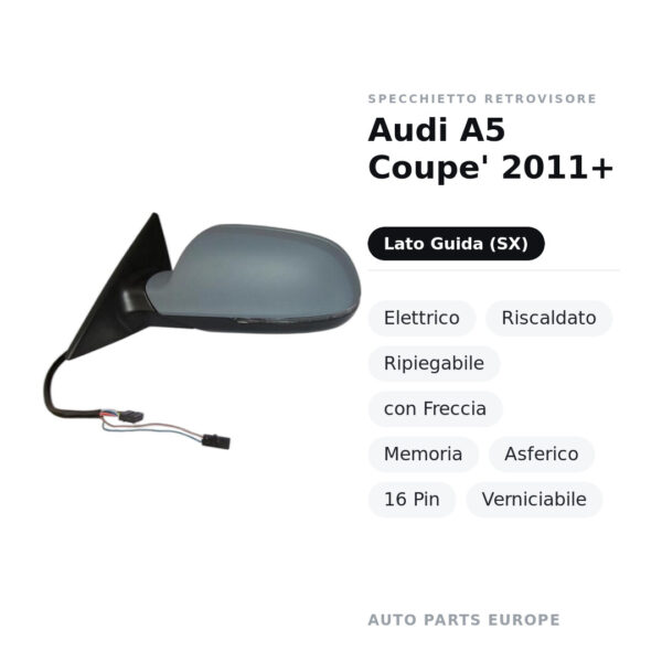 Specchietto Retrovisore Sinistro Audi A5 Coupe’ 2011+ – Elettrico, Riscaldato, Ripiegabile, con Freccia, Memoria, Asferico