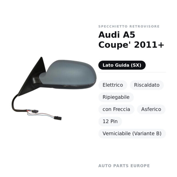 Specchietto Retrovisore Sinistro Audi A5 Coupe’ 2011+ – Elettrico, Riscaldato, Ripiegabile, con Freccia, Asferico, 12 Pin