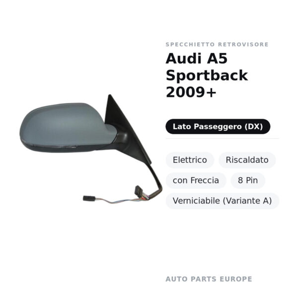 Specchietto Retrovisore Destro Audi A5 Sportback 2009+ – Elettrico, Riscaldato, con Freccia, 8 Pin, Verniciabile (Variante