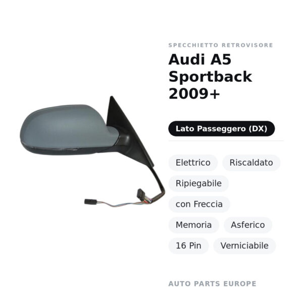 Specchietto Retrovisore Destro Audi A5 Sportback 2009+ – Elettrico, Riscaldato, Ripiegabile, con Freccia, Memoria, Asferico