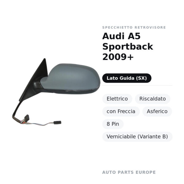 Specchietto Retrovisore Sinistro Audi A5 Sportback 2009+ – Elettrico, Riscaldato, con Freccia, Asferico, 8 Pin, Verniciabile