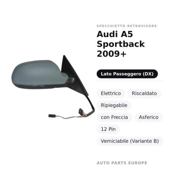 Specchietto Retrovisore Destro Audi A5 Sportback 2009+ – Elettrico, Riscaldato, Ripiegabile, con Freccia, Asferico, 12 Pin