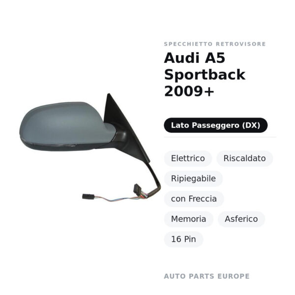 Specchietto Retrovisore Destro Audi A5 Sportback 2009+ – Elettrico, Riscaldato, Ripiegabile, con Freccia, Memoria, Asferico
