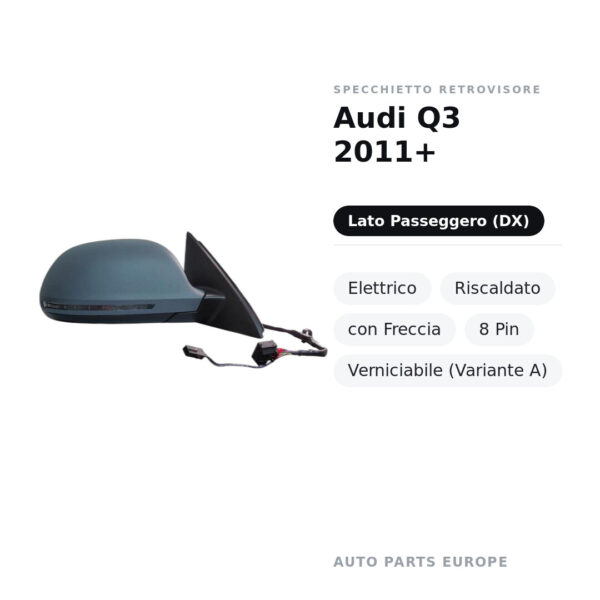 Specchietto Retrovisore Destro Audi Q3 2011+ – Elettrico, Riscaldato, con Freccia, 8 Pin, Verniciabile (Variante A) – foto 2