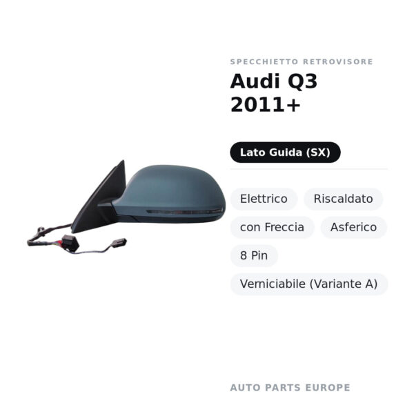 Specchietto Retrovisore Sinistro Audi Q3 2011+ – Elettrico, Riscaldato, con Freccia, Asferico, 8 Pin, Verniciabile (Variante