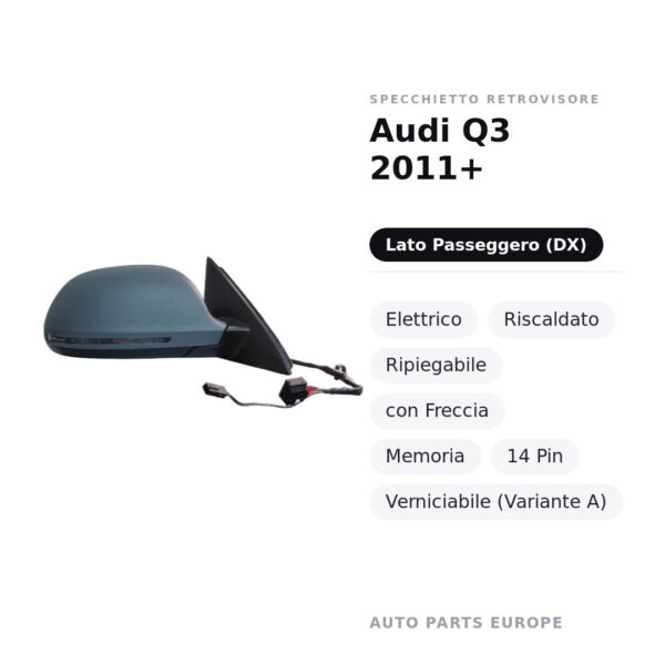 Specchietto Retrovisore Destro Audi Q3 2011+ – Elettrico, Riscaldato, Ripiegabile, con Freccia, Memoria, 14 Pin