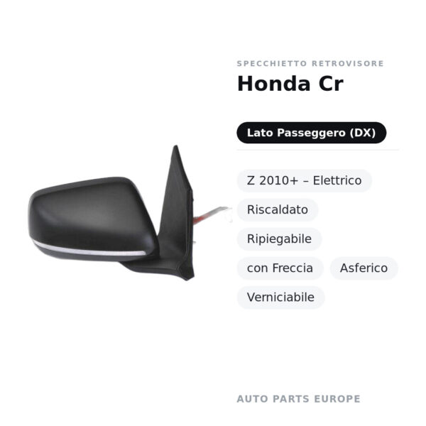 Specchietto Retrovisore Destro Honda Cr-Z 2010+ – Elettrico, Riscaldato, Ripiegabile, con Freccia, Asferico, Verniciabile