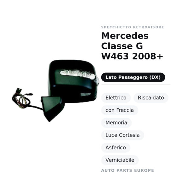 Specchietto Retrovisore Destro Mercedes Classe G W463 2008+ – Elettrico, Riscaldato, con Freccia, Memoria, Luce Cortesia