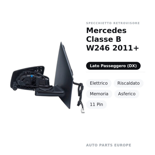 Specchietto Retrovisore Destro Mercedes Classe B W246 2011+ – Elettrico, Riscaldato, Memoria, Asferico, 11 Pin – foto 2