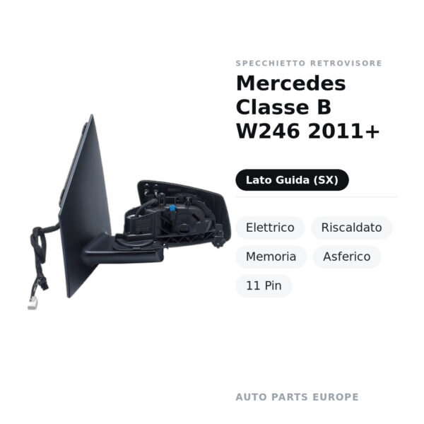 Specchietto Retrovisore Sinistro Mercedes Classe B W246 2011+ – Elettrico, Riscaldato, Memoria, Asferico, 11 Pin – foto 2