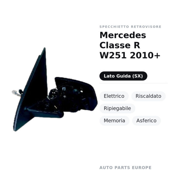 Specchietto Retrovisore Sinistro Mercedes Classe R W251 2010+ – Elettrico, Riscaldato, Ripiegabile, Memoria, Asferico – foto