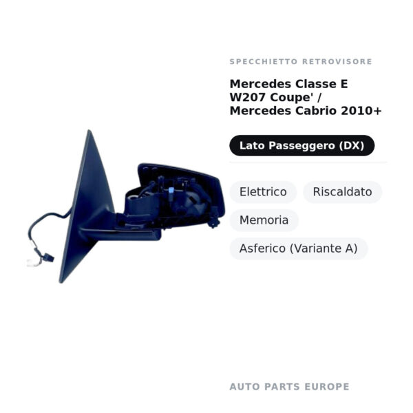 Specchietto Retrovisore Destro Mercedes Classe E W207 Coupe’ / Mercedes Cabrio 2010+ – Elettrico, Riscaldato, Memoria