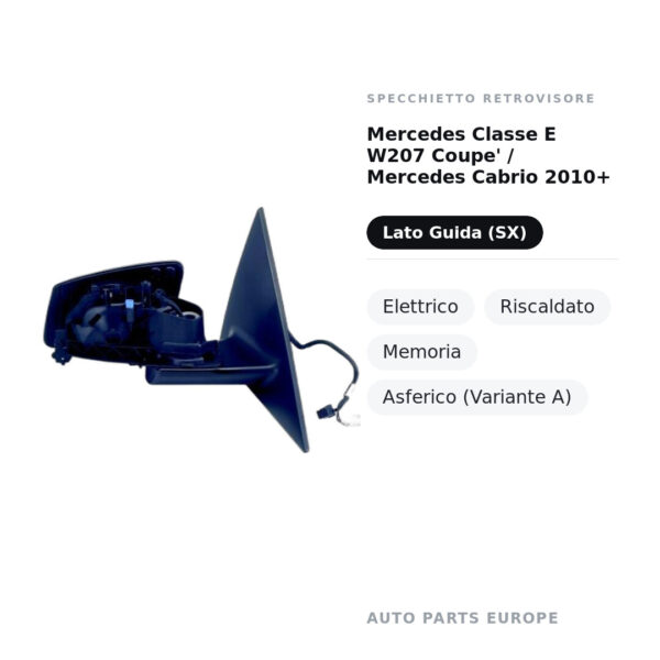 Specchietto Retrovisore Sinistro Mercedes Classe E W207 Coupe’ / Mercedes Cabrio 2010+ – Elettrico, Riscaldato, Memoria