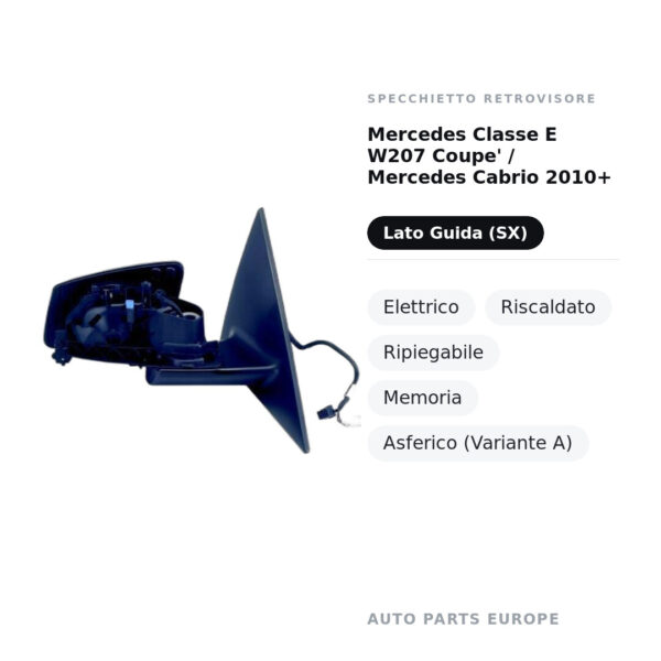 Specchietto Retrovisore Sinistro Mercedes Classe E W207 Coupe’ / Mercedes Cabrio 2010+ – Elettrico, Riscaldato, Ripiegabile