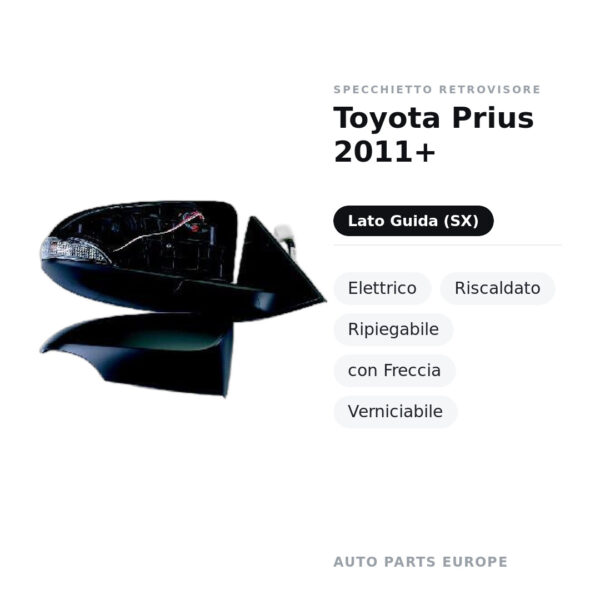 Specchietto Retrovisore Sinistro Toyota Prius 2011+ – Elettrico, Riscaldato, Ripiegabile, con Freccia, Verniciabile – foto 2