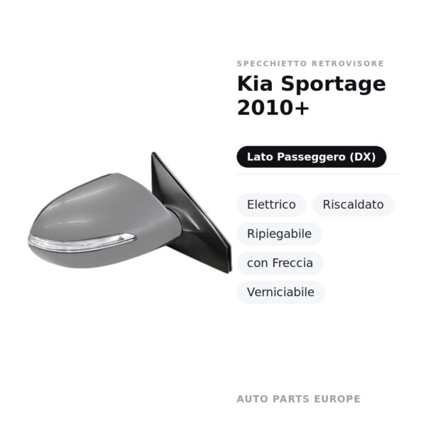 Specchietto Retrovisore Destro Kia Sportage 2010+ – Elettrico, Riscaldato, Ripiegabile, con Freccia, Verniciabile – foto 2