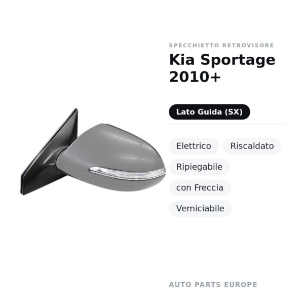 Specchietto Retrovisore Sinistro Kia Sportage 2010+ – Elettrico, Riscaldato, Ripiegabile, con Freccia, Verniciabile – foto 2