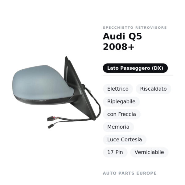 Außenspiegel Rechts Audi Q5 2008+ – Elektrisch, Beheizt, Klappbar, mit Blinker, Memory, Innenleuchte, 17 Pin, Lackierbar