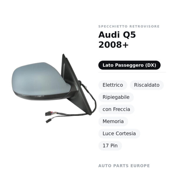 Specchietto Retrovisore Destro Audi Q5 2008+ – Elettrico, Riscaldato, Ripiegabile, con Freccia, Memoria, Luce Cortesia, 17