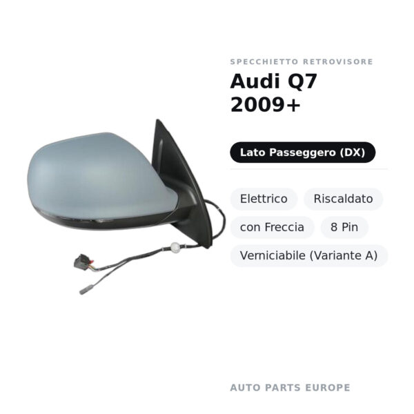 Specchietto Retrovisore Destro Audi Q7 2009+ – Elettrico, Riscaldato, con Freccia, 8 Pin, Verniciabile (Variante A) – foto 2