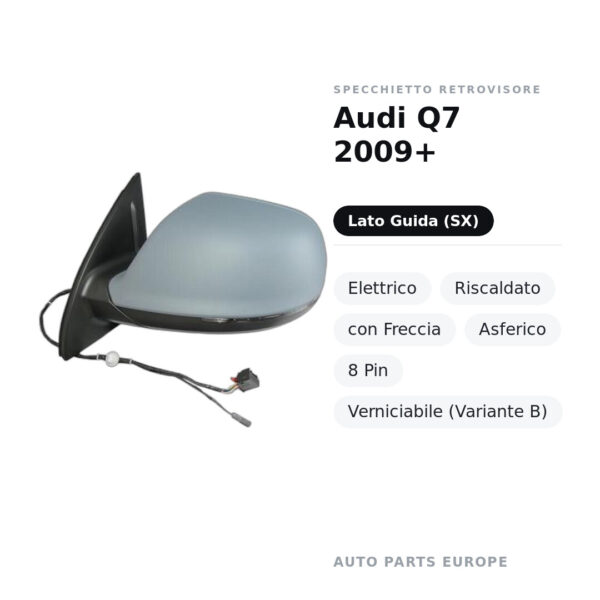 Specchietto Retrovisore Sinistro Audi Q7 2009+ – Elettrico, Riscaldato, con Freccia, Asferico, 8 Pin, Verniciabile (Variante