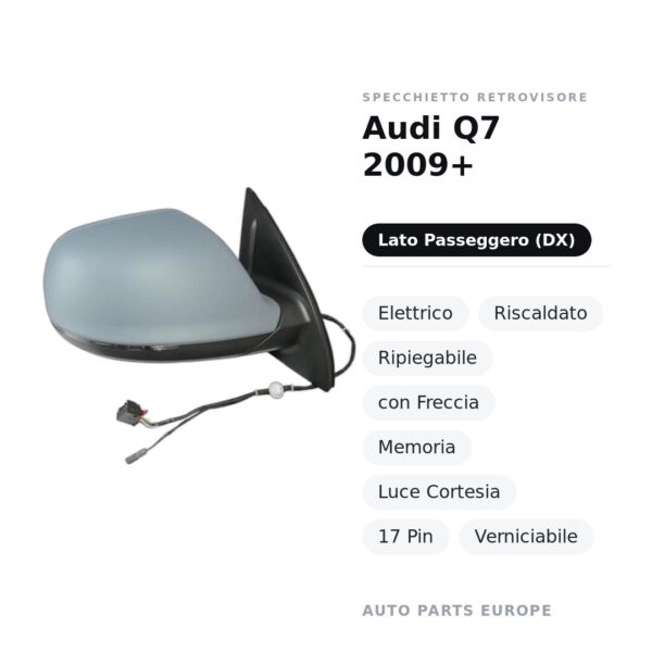 Außenspiegel Rechts Audi Q7 2009+ – Elektrisch, Beheizt, Klappbar, mit Blinker, Speicher, Innenleuchte, 17-polig, Lackierbar