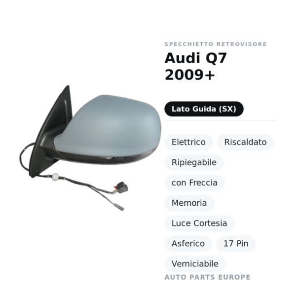 Specchietto Retrovisore Sinistro Audi Q7 2009+ – Elettrico, Riscaldato, Ripiegabile, con Freccia, Memoria, Luce Cortesia