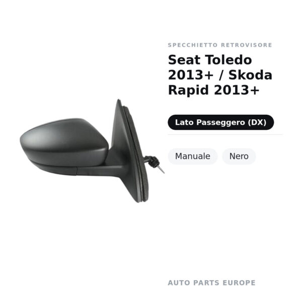 Specchietto Retrovisore Destro Seat Toledo 2013+ / Skoda Rapid 2013+ – Manuale, Nero – foto 2