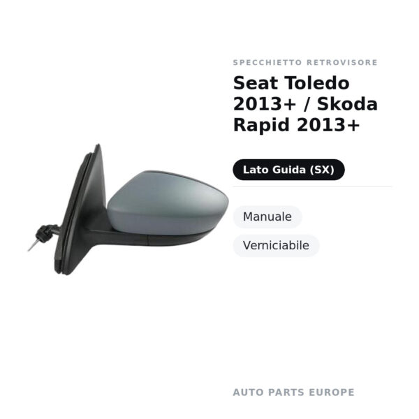 Specchietto Retrovisore Sinistro Seat Toledo 2013+ / Skoda Rapid 2013+ – Manuale, Verniciabile – foto 2
