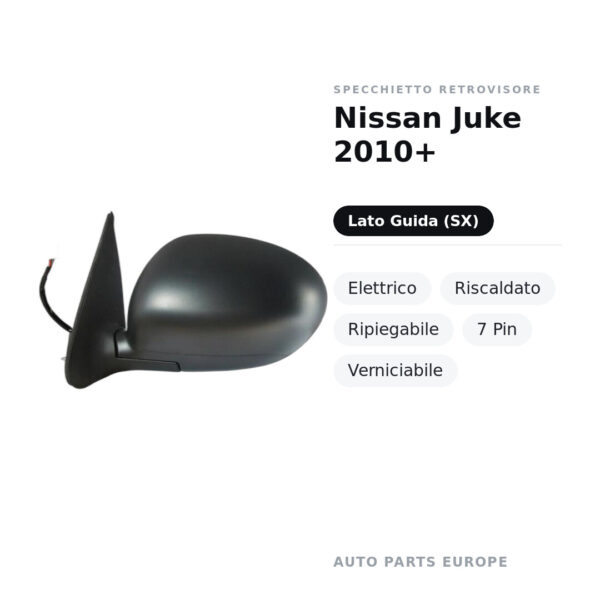 Specchietto Retrovisore Sinistro Nissan Juke 2010+ – Elettrico, Riscaldato, Ripiegabile, 7 Pin, Verniciabile – foto 2