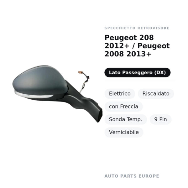 Specchietto Retrovisore Destro Peugeot 208 2012+ / Peugeot 2008 2013+ – Elettrico, Riscaldato, con Freccia, Sonda Temp., 9
