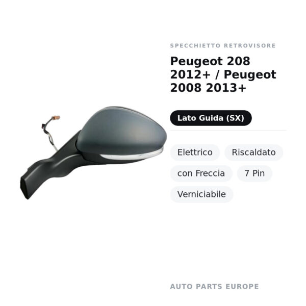 Außenspiegel Links Peugeot 208 2012+ / Peugeot 2008 2013+ – Elektrisch, Beheizt, mit Blinker, 7-polig, Lackierbar – Bild 2