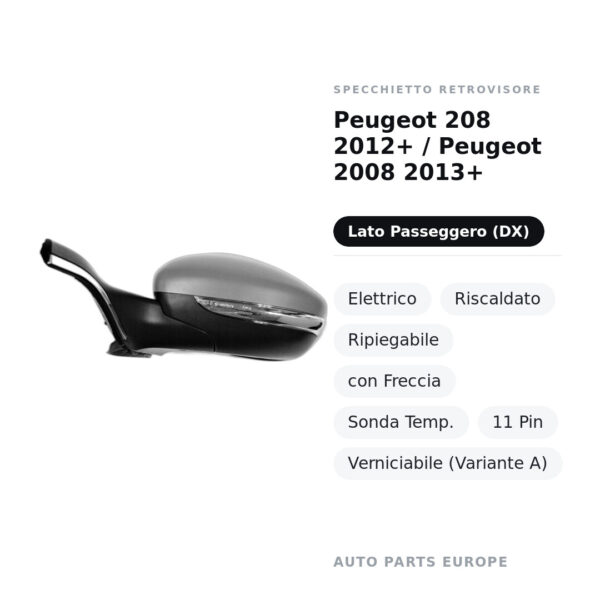 Außenspiegel Rechts Peugeot 208 2012+ / Peugeot 2008 2013+ – Elektrisch, Beheizt, Klappbar, mit Blinkleuchte