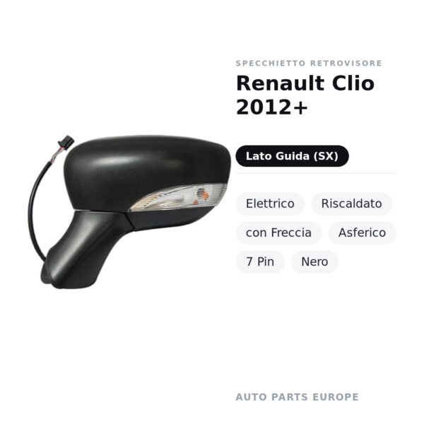 Außenspiegel Links Renault Clio 2012+ – Elektrisch, Beheizt, mit Blinker, Asphärisch, 7-polig, Schwarz – Bild 2